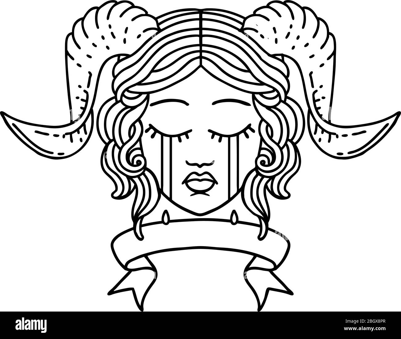Black and White Tattoo linework Style crying tiefling with scroll ...