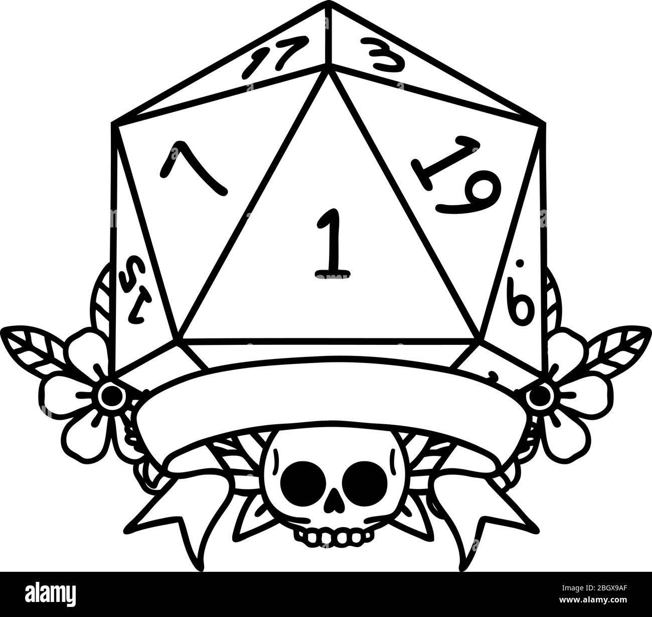 Black and White Tattoo linework Style natural one d20 dice roll Stock ...