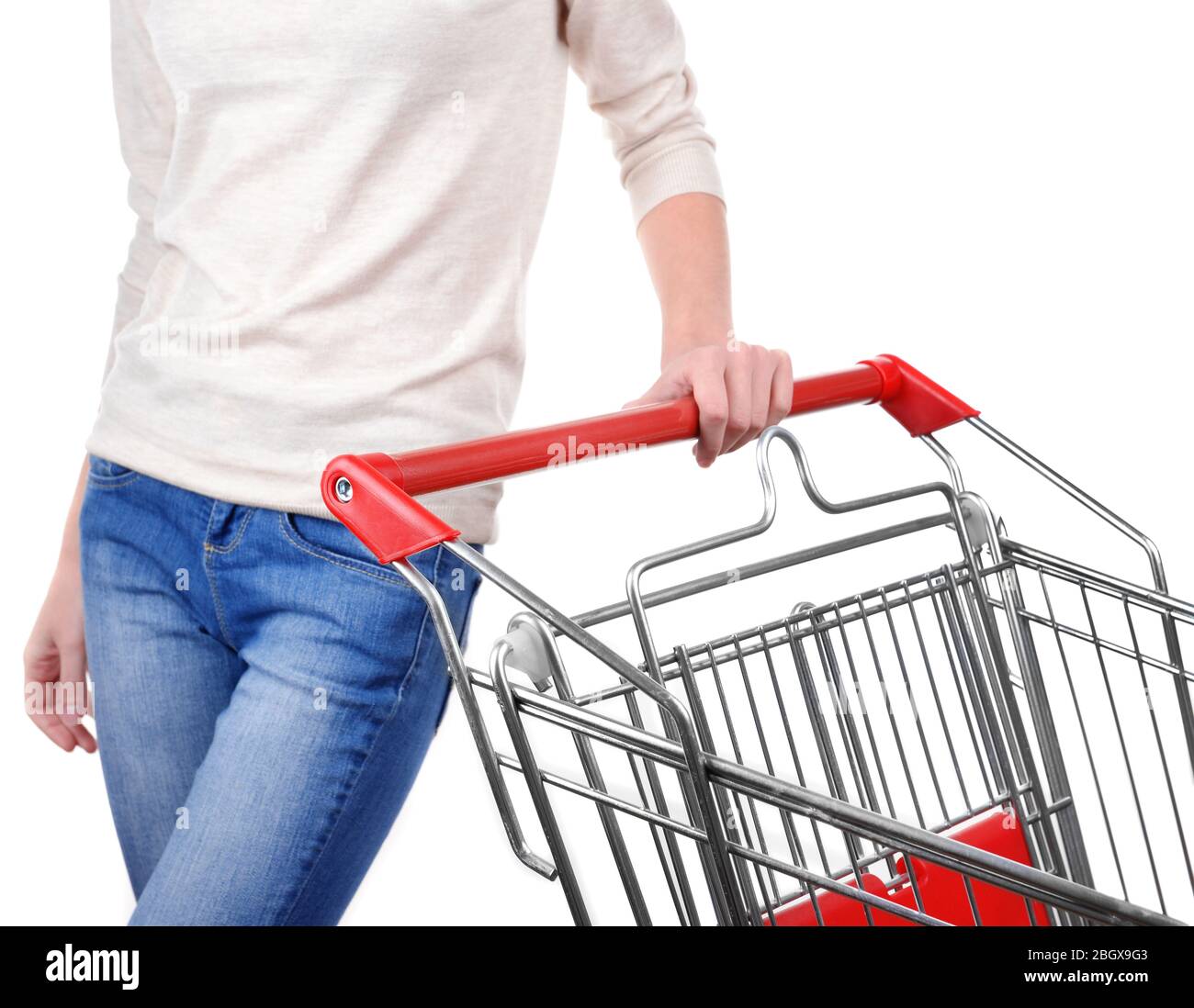 Woman with trolley isolated on white Stock Photo - Alamy