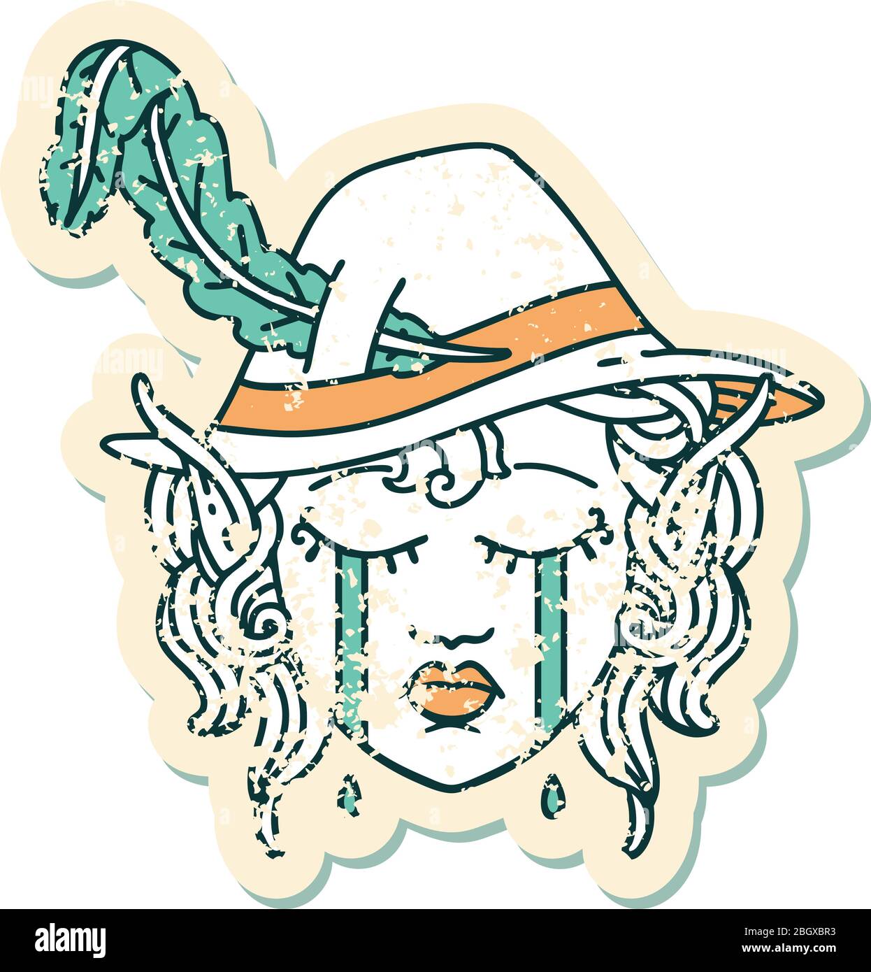 Retro Tattoo Style crying elf bard character face Stock Vector