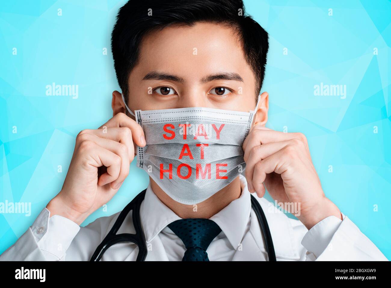 doctor wear medical mask and showing stay home concepts Stock Photo