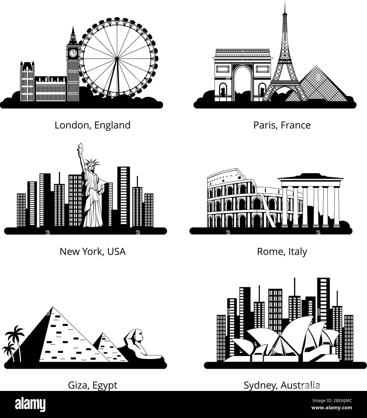 Vector silhouette set with panoramas of famous landmarks. Black silhouette of cityscape famous city building illustration Stock Vector