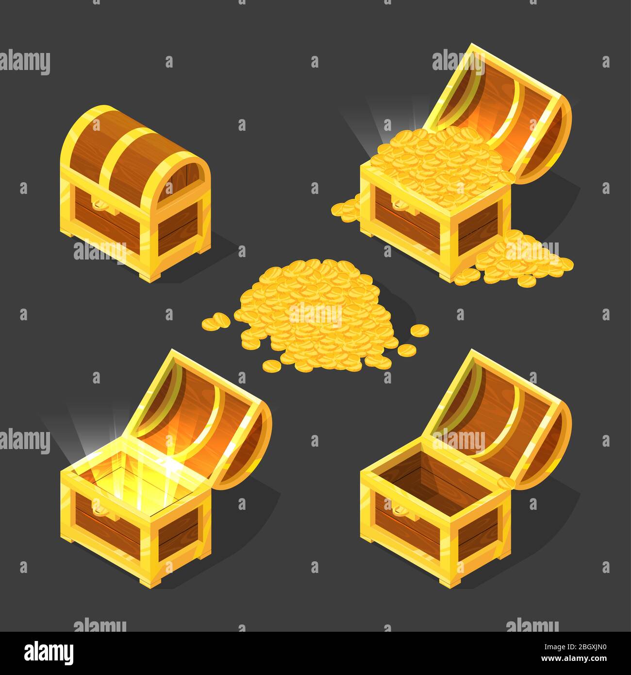 Wooden old chest, closed and opened, with gold and different treasures. Vector pictures in cartoon style for game design projects. Gold coins in woode Stock Vector