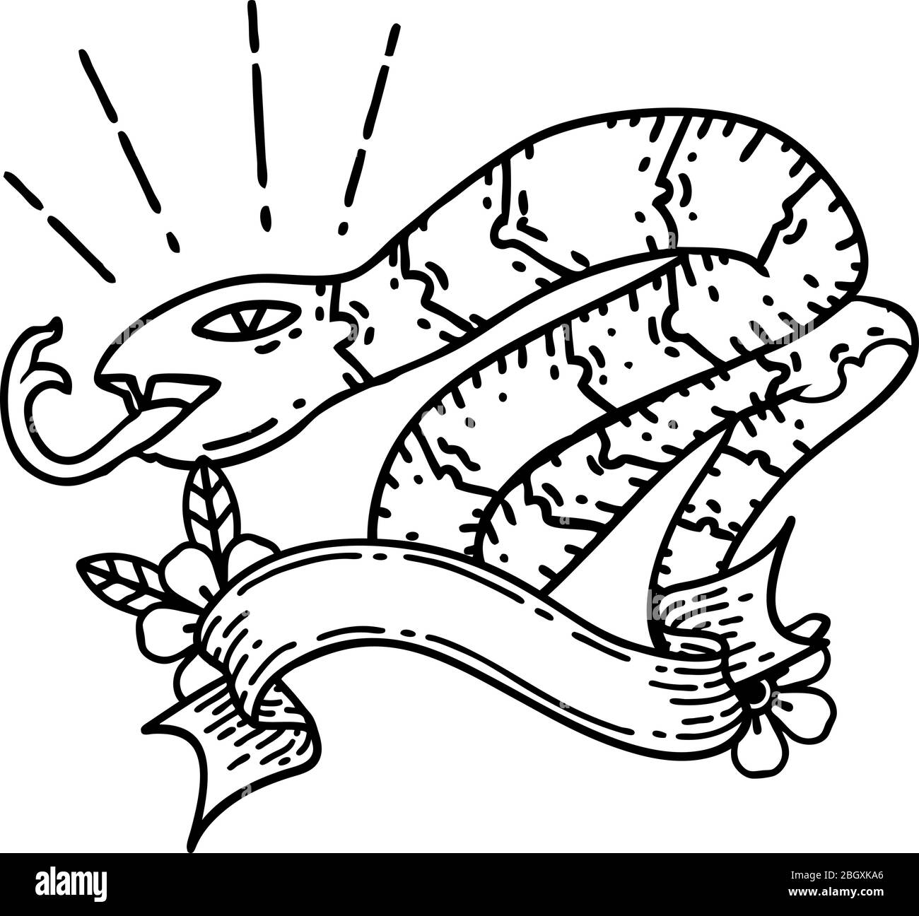 scroll banner with black line work tattoo style hissing snake Stock Vector