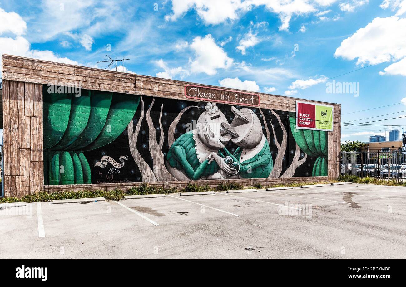 A run down warehouse for rent, and decorated with colourful graffiti, Wynwood Art District, Miami, Florida, USA. Stock Photo