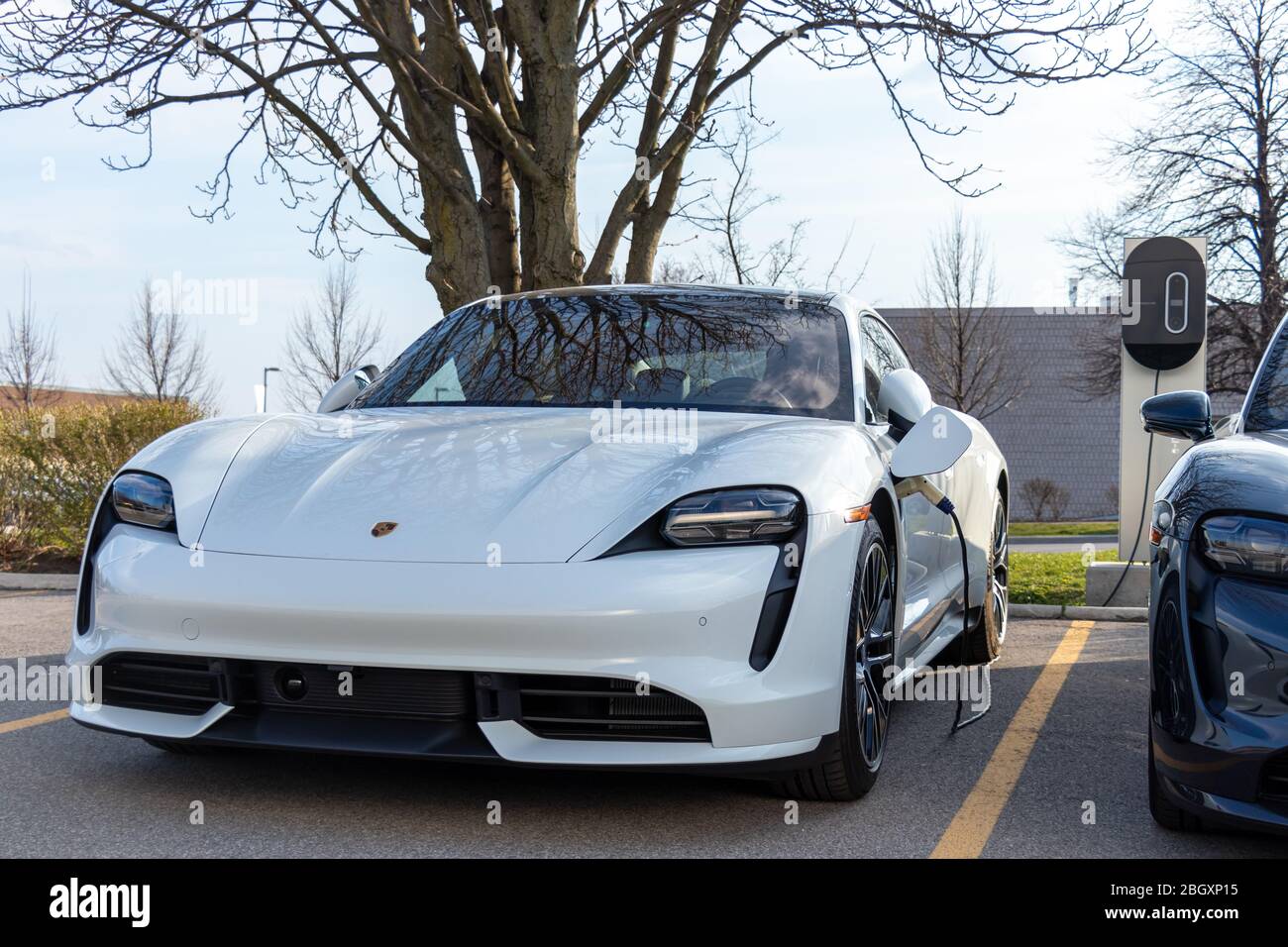 White Porsche Taycan Turbo seen plugged in, charging at a Porsche dealership. Stock Photo