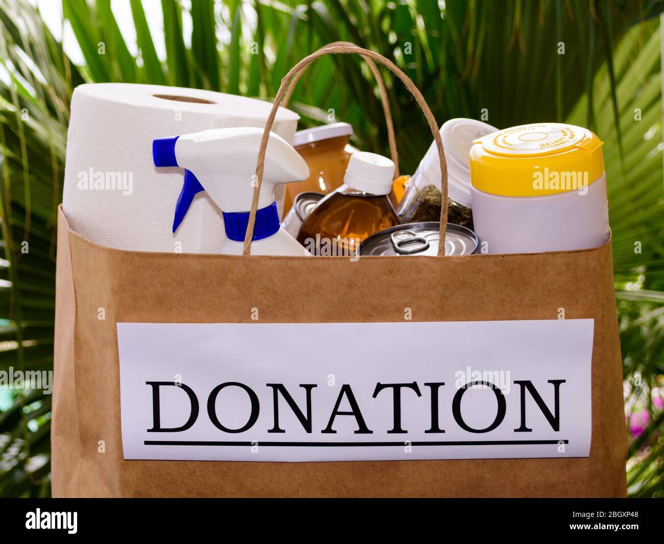 Close up of a bag filled with donations for people in need Stock Photo