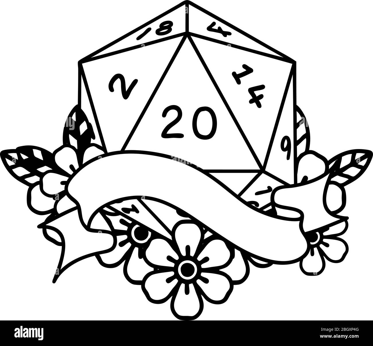 D20 Outlined Black and White Tattoo linework Style natural twenty D20 dice roll ...