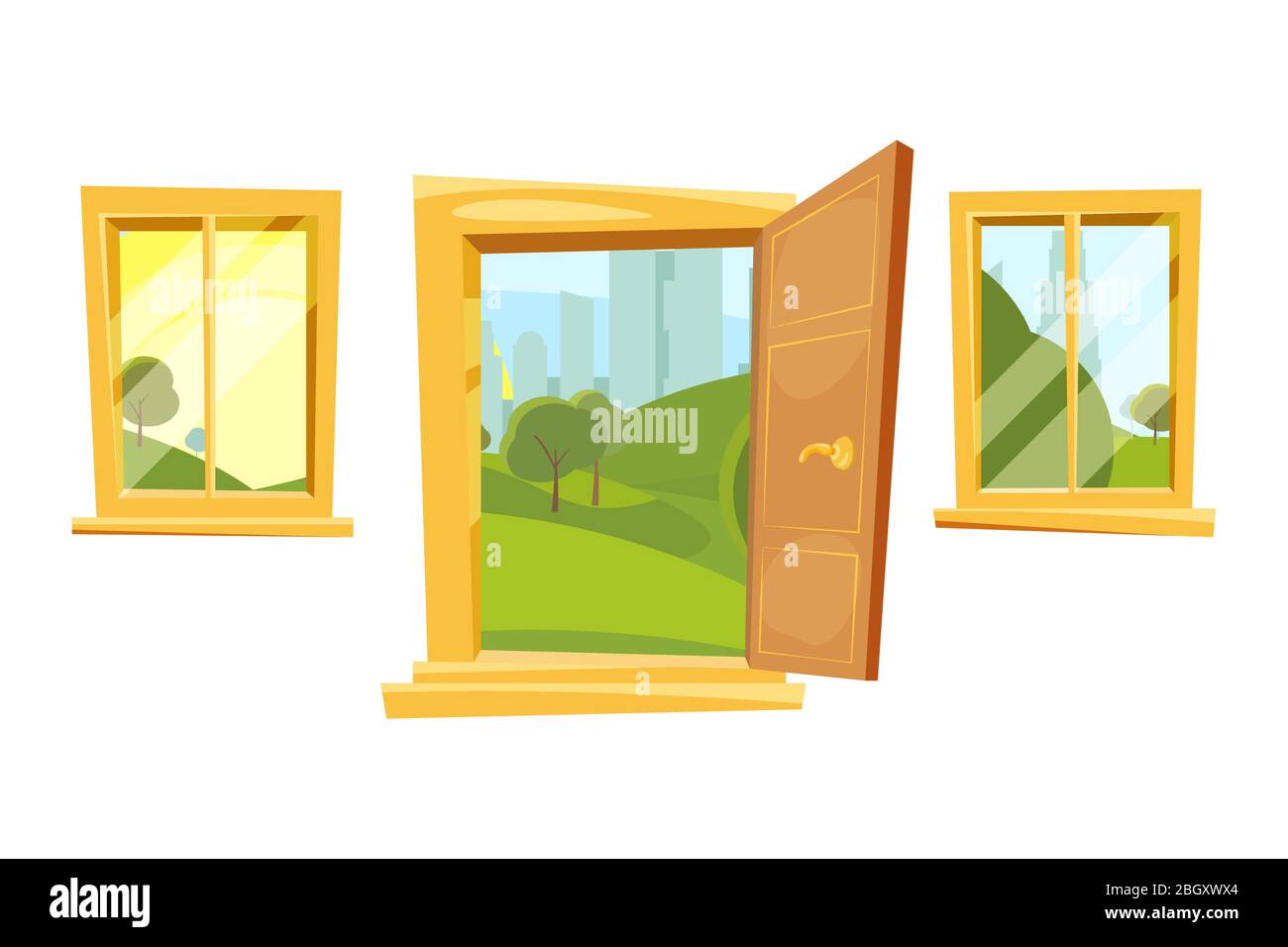 Open doors and sunset landscape behind windows. Vector pictures set in cartoon style. Illustration of interior room frame window and door Stock Vector