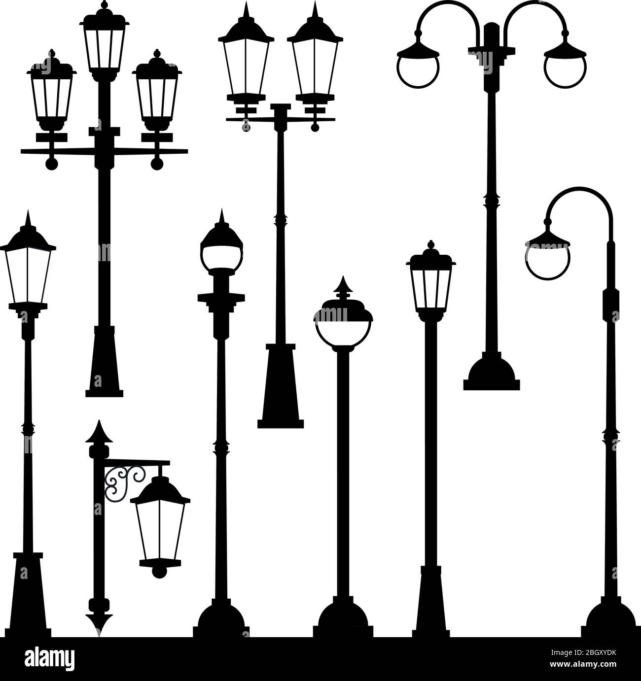 Old street lamps set in monochrome style. Vector illustrations isolate