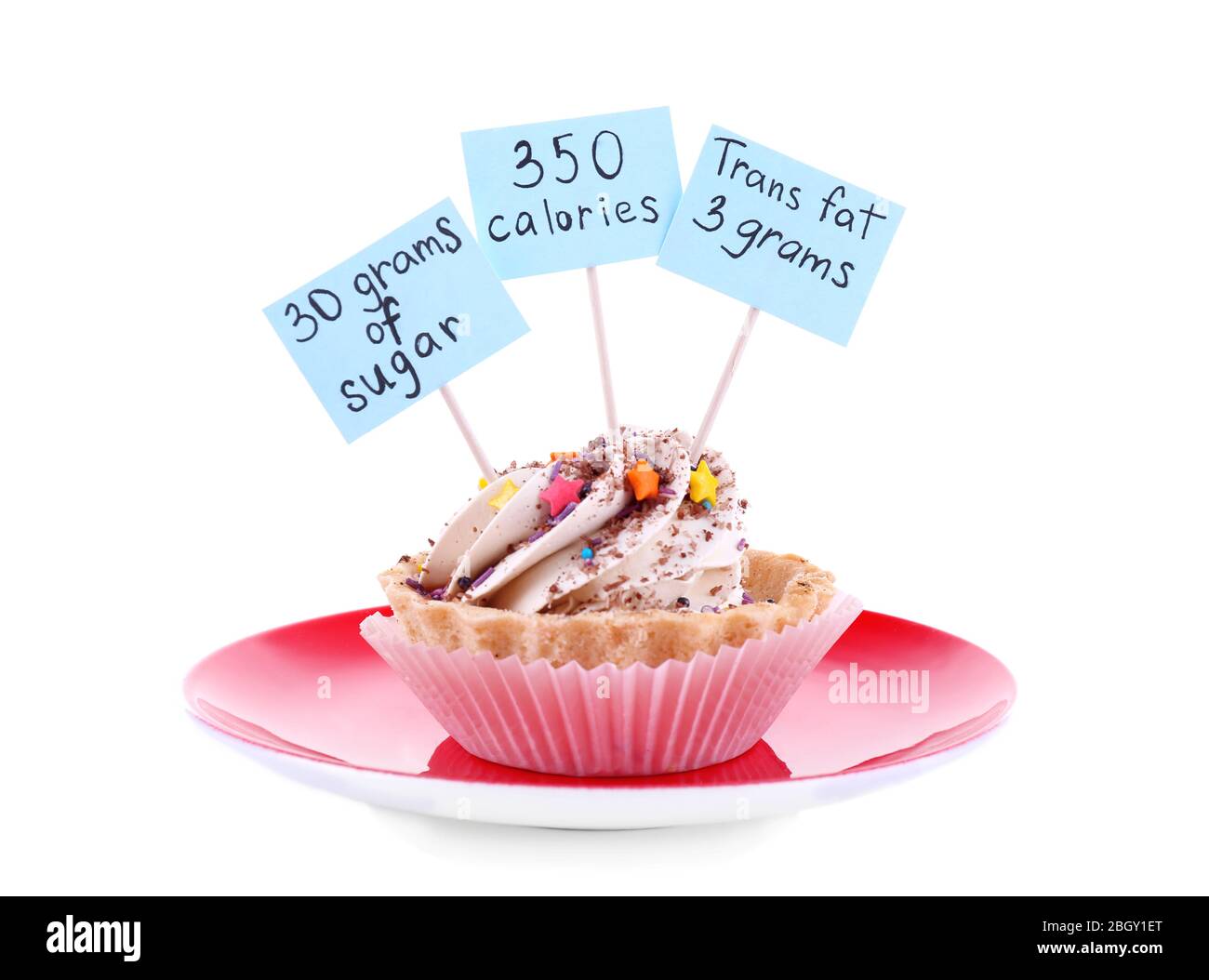 Delicious cake with calories count labels on color plate isolated on