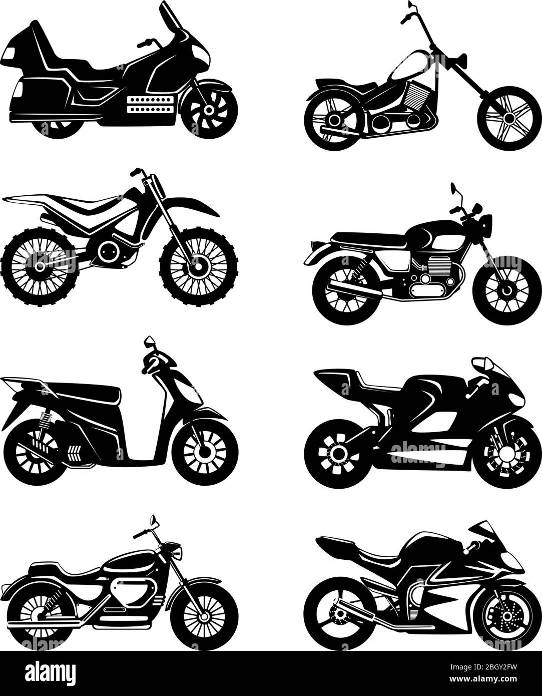 Silhouette of motorcycles. Vector monochrome illustrations set. Black white motorbike speed, chopper transport Stock Vector
