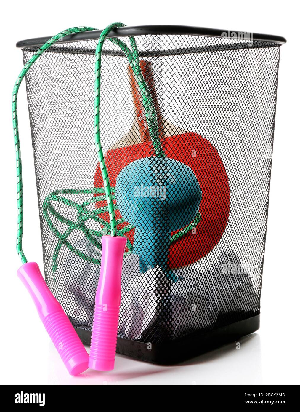 Metal trash bin with sport equipment, crumpled paper and weight scale