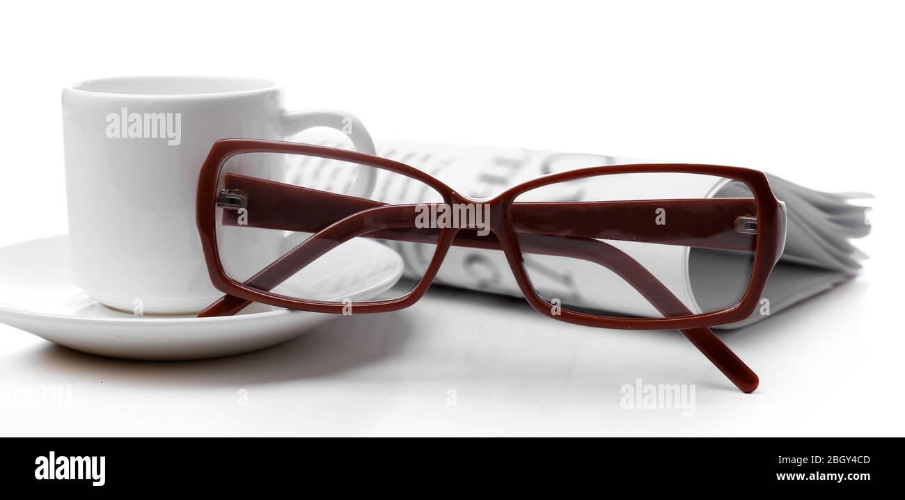 Glasses and newspapers, isolated on white Stock Photo