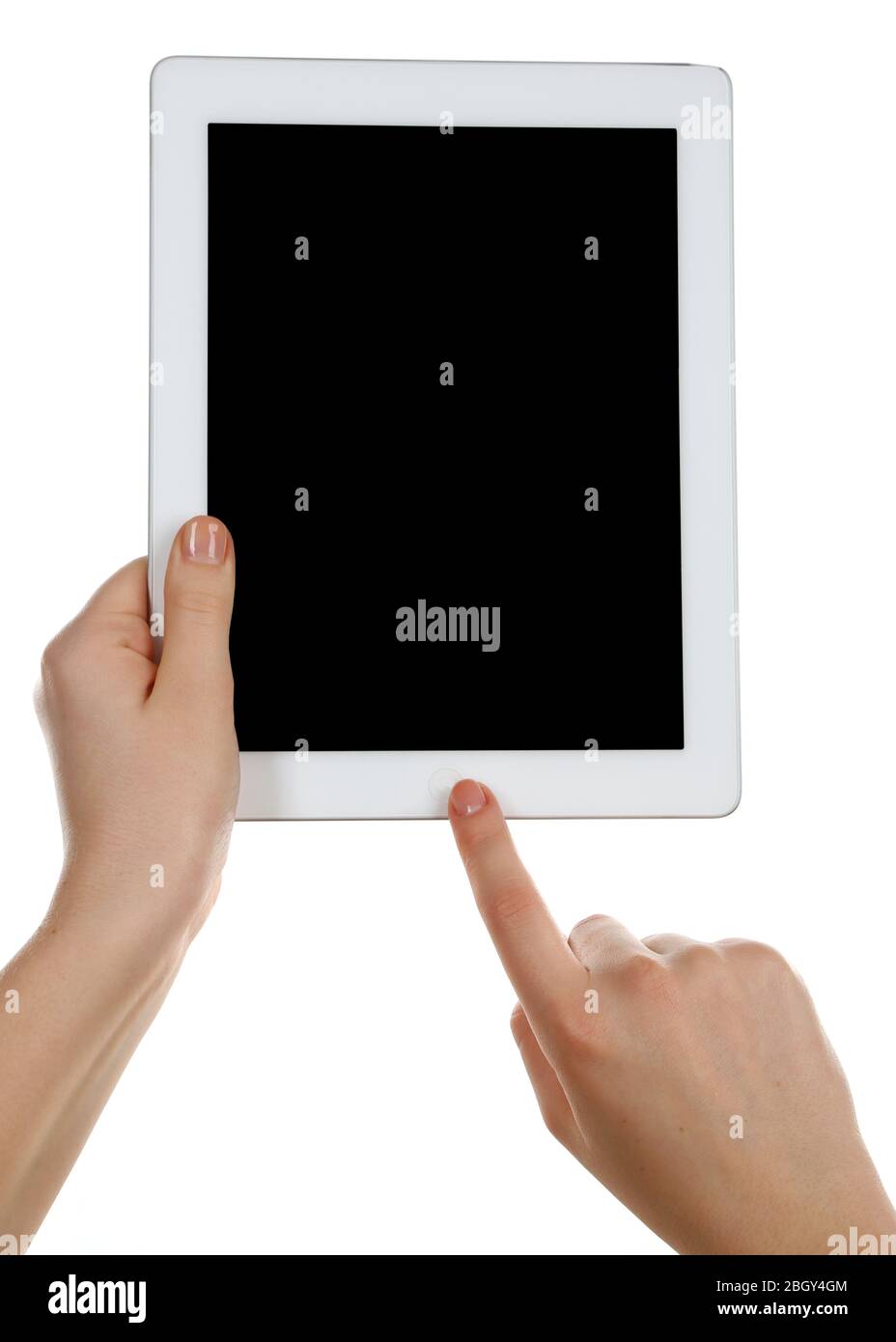 Hands holding tablet PC isolated on white Stock Photo - Alamy