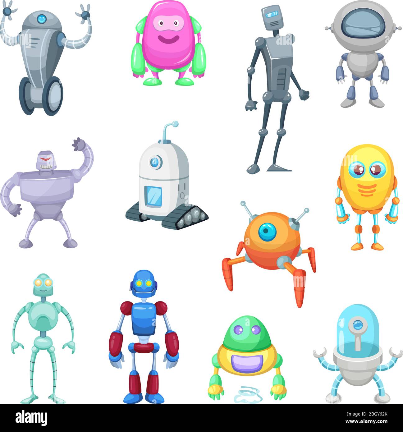 Characters of funny robots in cartoon style. Vector mascot set of androids  and astronauts. Character machine android, robot with antenna illustration  Stock Vector Image & Art - Alamy