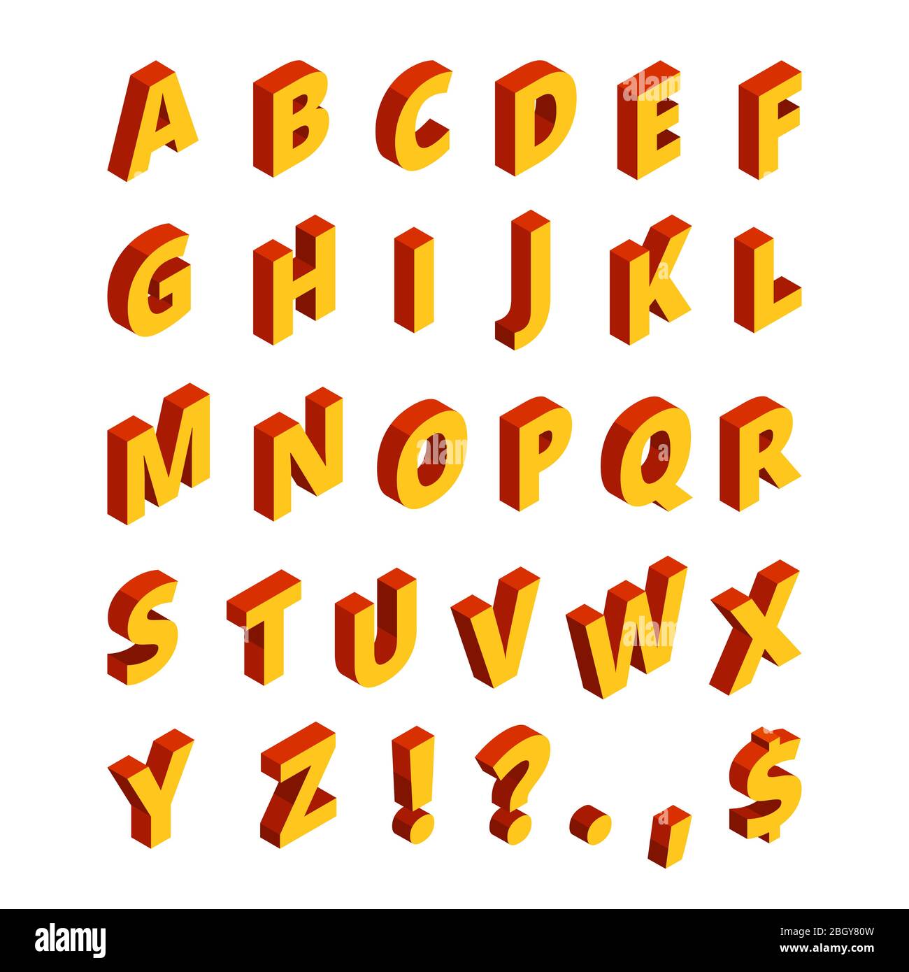 Colored letters in isometric style. 3d alphabet. Abc block style