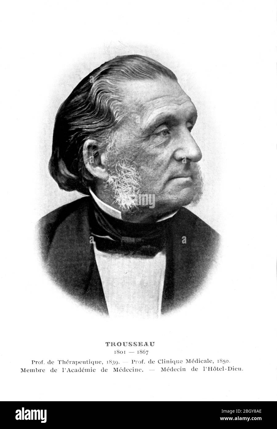1865 ca , FRANCE : The french physician  and internist ARMAND TROUSSEAU ( 1801 - 1867 ). In April 2020 a study in Italy (including Dr. Giampaolo Palma ) on the causes for Coronavirus Covid19 , brought back Trousseau's studies  death from venous microthrombosis ( Pulmonary Thromboembolism TEP ) and not the pneumonia of the patients and therefore adjust the therapies with the use of curtisonics and low molecular weight heparin at high doses (Clexane 8,000 IU / day). COVID 19 Stock Photo