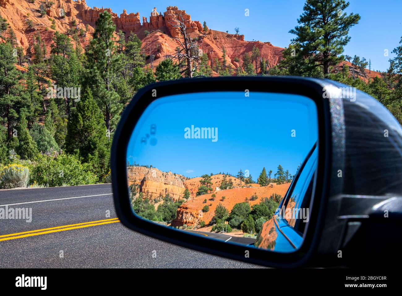 Bryce Canyon National Park Reflected in Side VIew Mirror Stock Photo