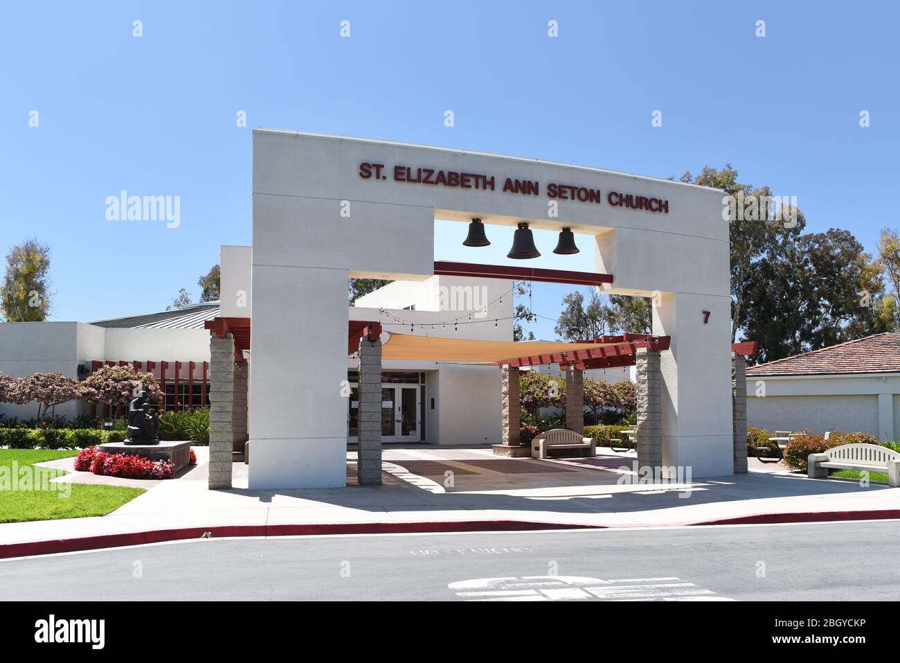 IRIVNE, CALIFORNIA - 21 APRIL 2020: Saint Elizabeth Ann Seton Catholic Church parish is a community annex of Our Lady Queen of Angels Catholic Church Stock Photo