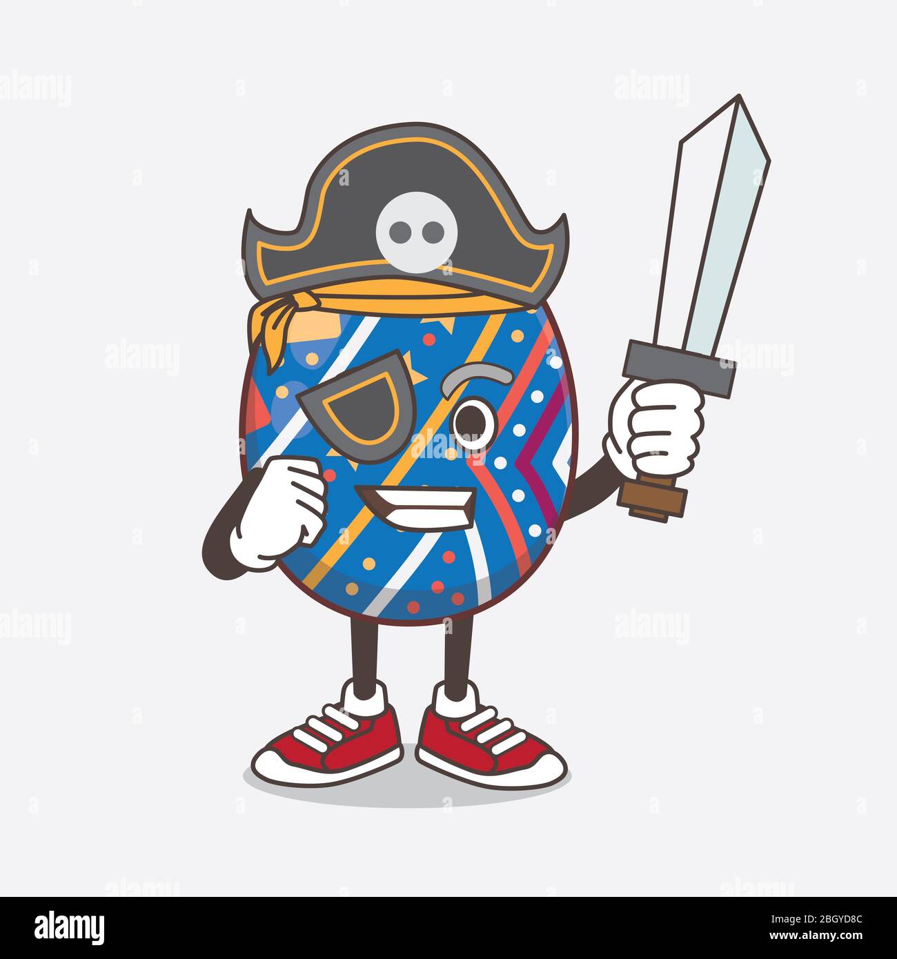 An illustration of Easter Egg cartoon mascot character in pirate style and wearing hat and sword Stock Photo