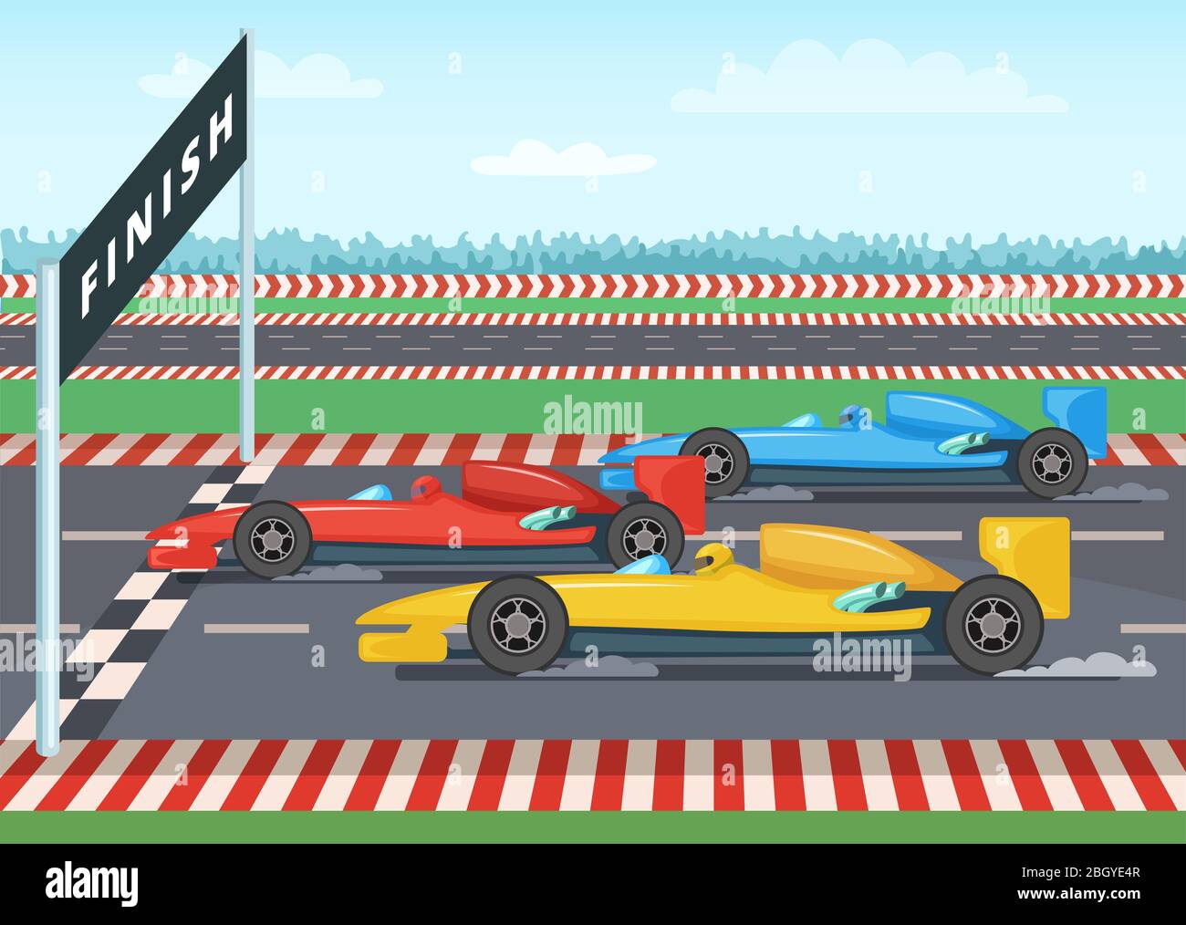 Race cars on finish line. Sport background illustration. Car speed winner, checkered finishing line vector Stock Vector