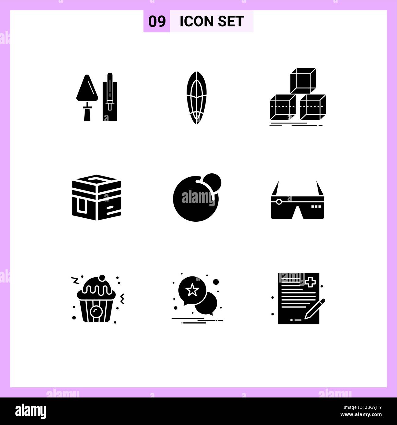 Pack of 9 creative Solid Glyphs of meccah, islam, surfing, holy, box Editable Vector Design Elements Stock Vector