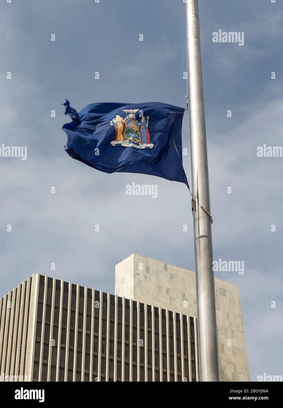 Coxsackie, United States. 22nd Apr, 2020. New York State flag flown at