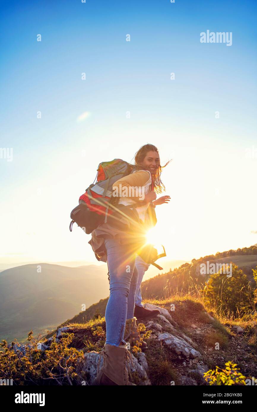 Group young hikers backpacks hi-res stock photography and images - Alamy