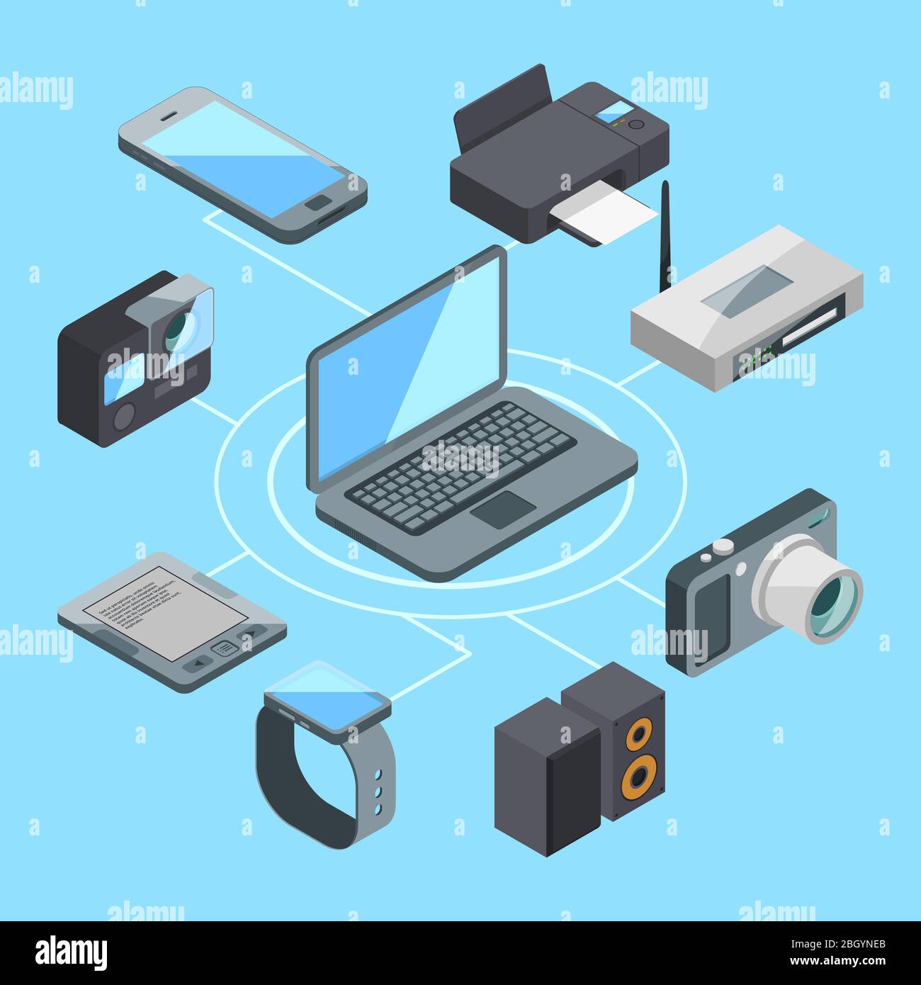 Wireless or wifi connection near laptop and other computer gadgets. Modem and router computer gadget connection, vector illustration Stock Vector