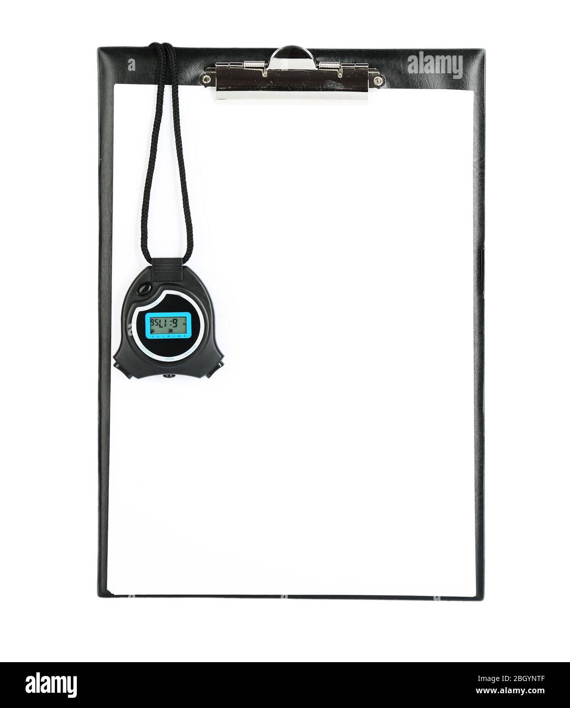 Clipboard with stopwatch isolated on white Stock Photo Alamy