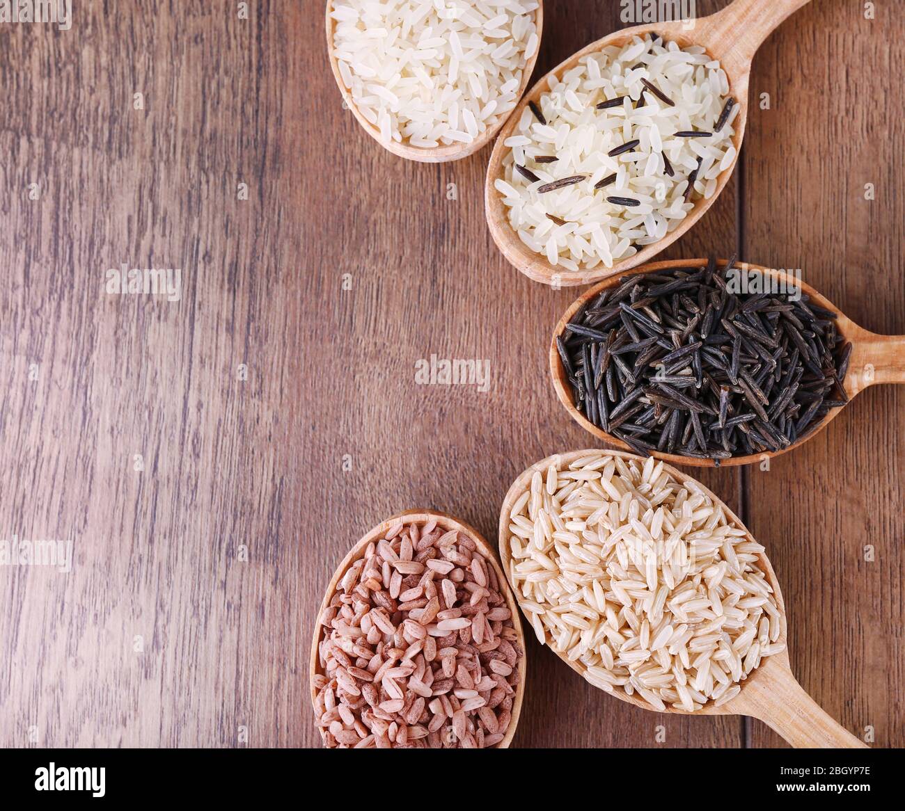 Different Kinds Of Rice In Spoons On Wooden Background Stock Photo Alamy Different kinds of rice in spoons on wooden background stock photo alamy