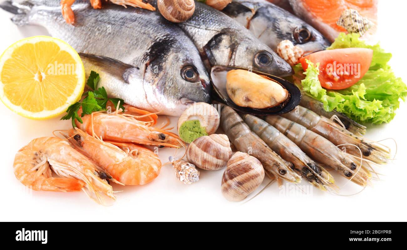 Fresh fish and other seafood isolated on white Stock Photo - Alamy
