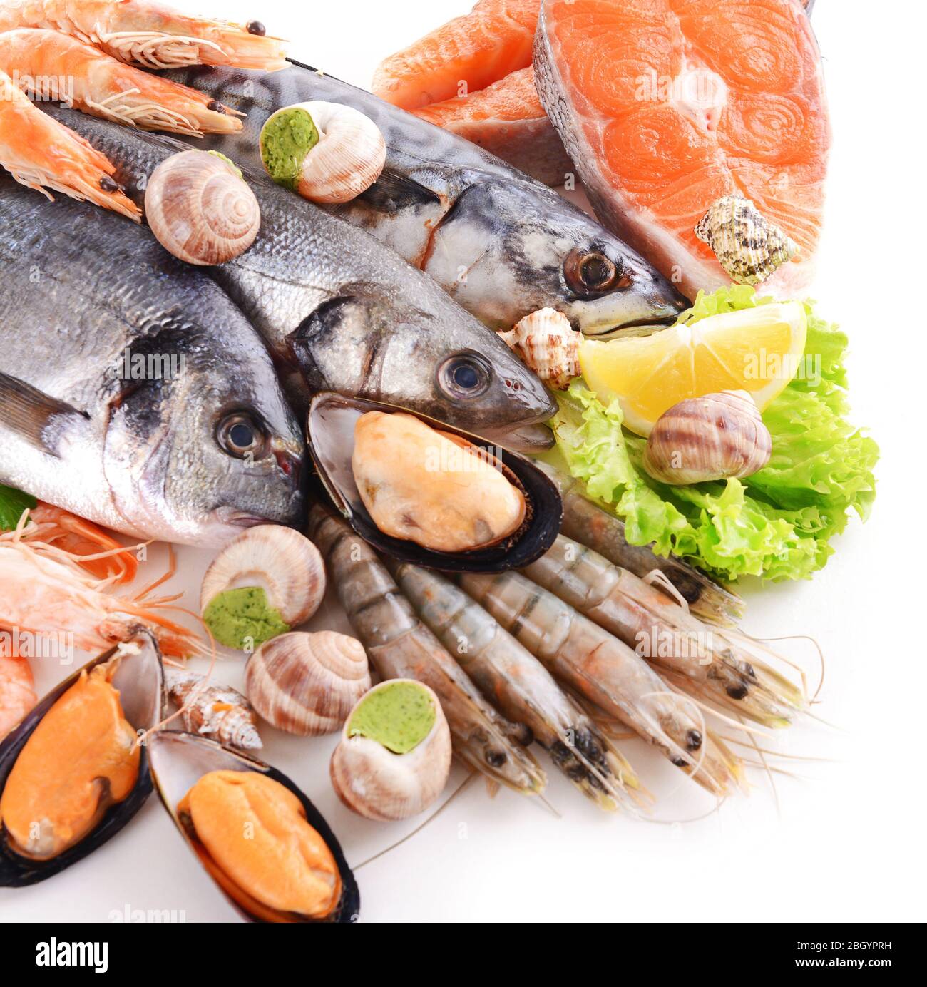 Fresh fish and other seafood isolated on white Stock Photo - Alamy