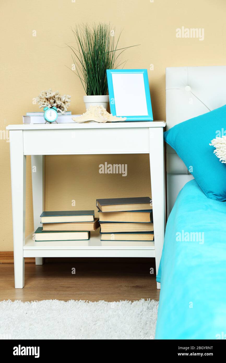 Modern Colorful Bedroom Interior With Bed And Nightstand With Design Details On Light Wall Background Stock Photo Alamy