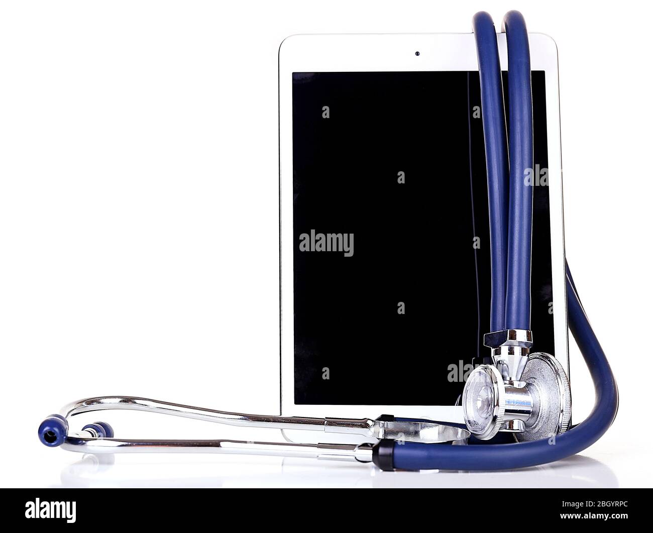 Tablet and blue stethoscope isolated on white Stock Photo - Alamy