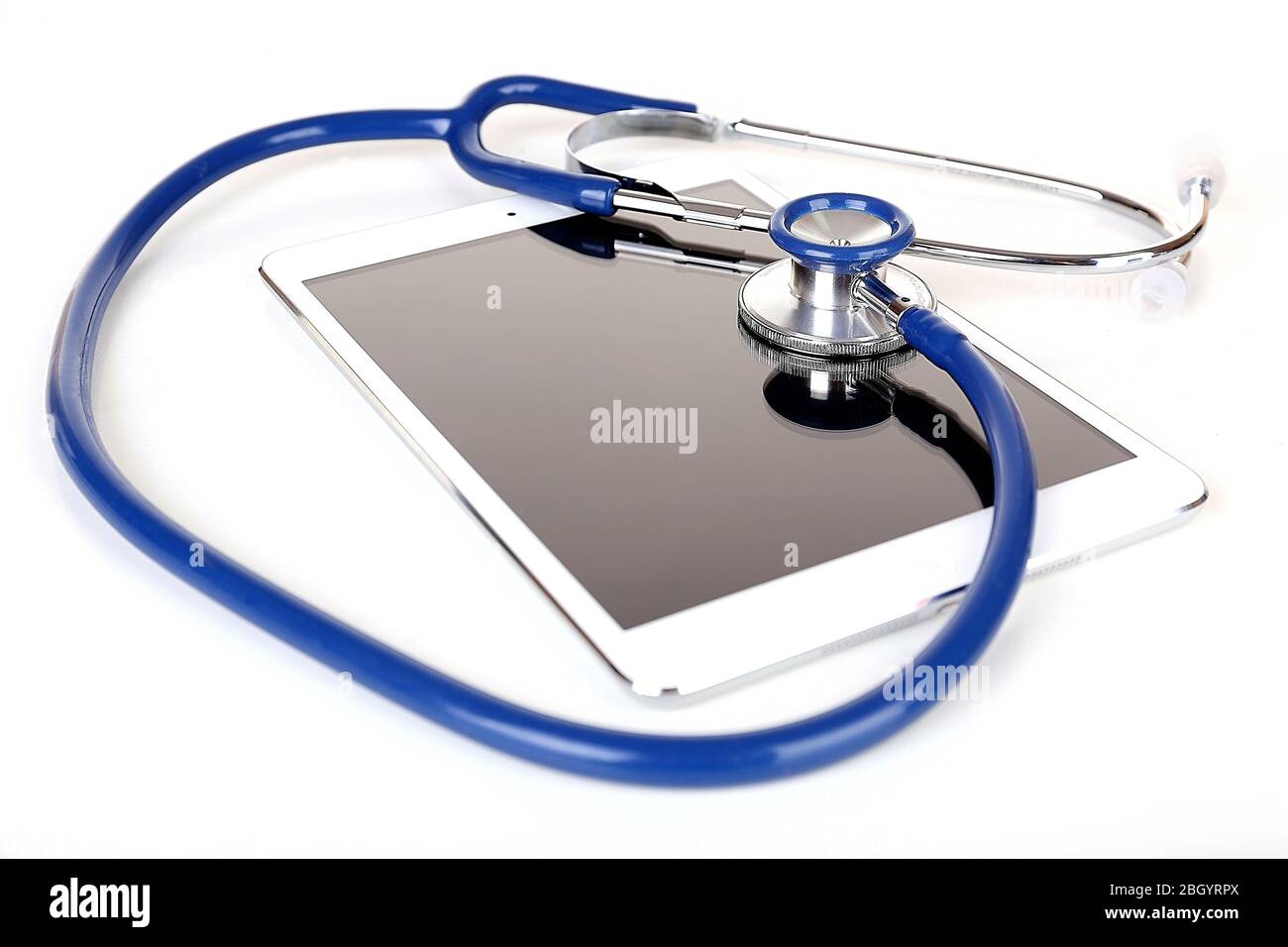 Tablet and blue stethoscope isolated on white Stock Photo - Alamy