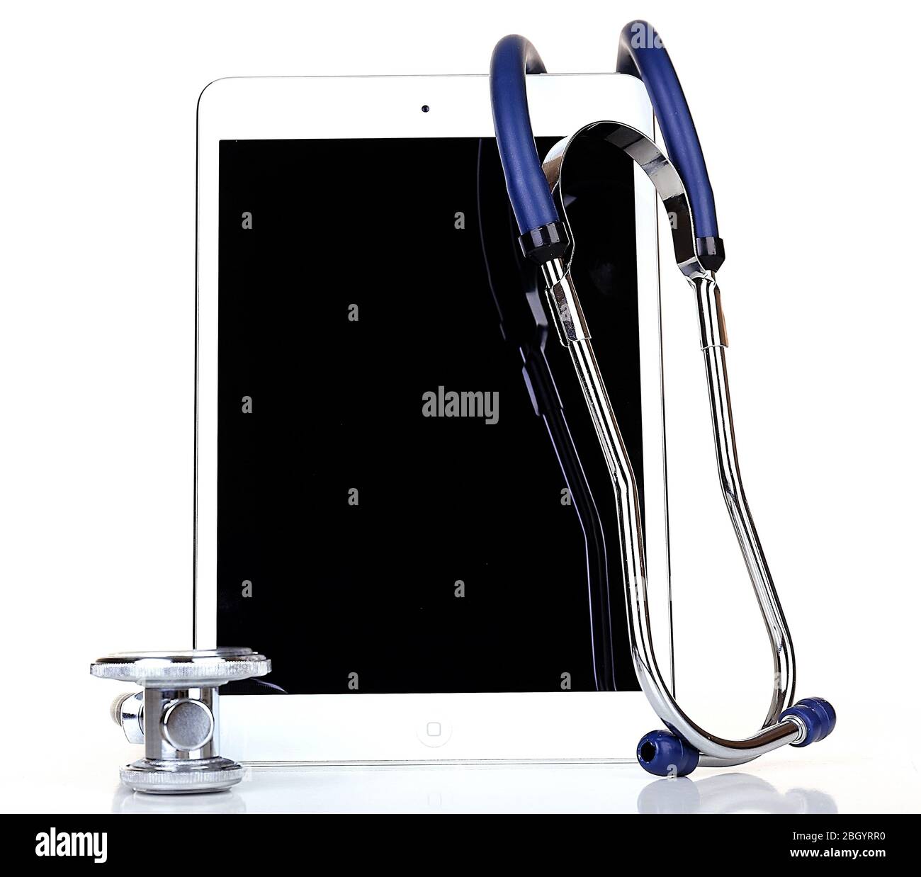 Tablet and blue stethoscope isolated on white Stock Photo - Alamy