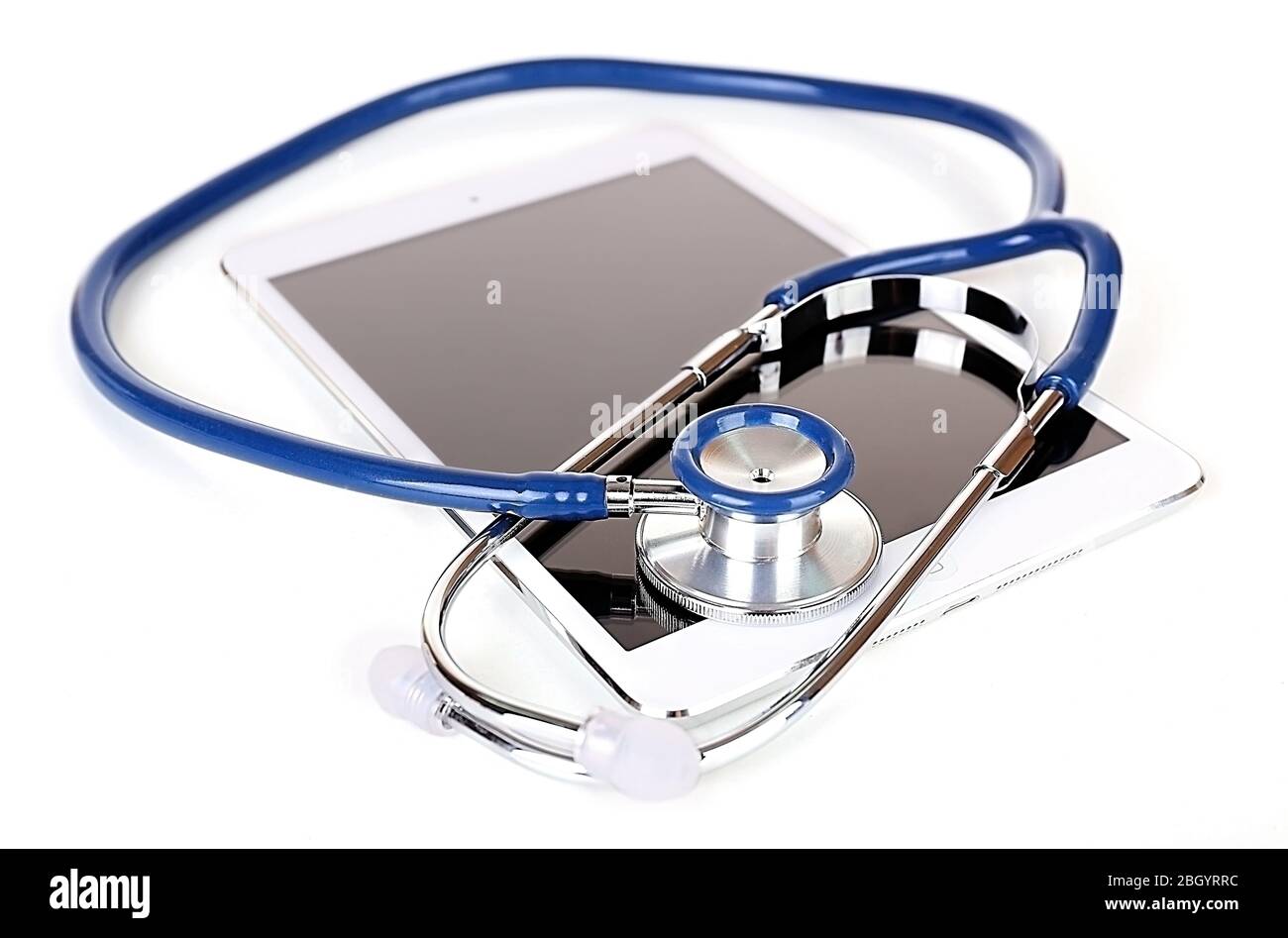 Tablet and blue stethoscope isolated on white Stock Photo - Alamy