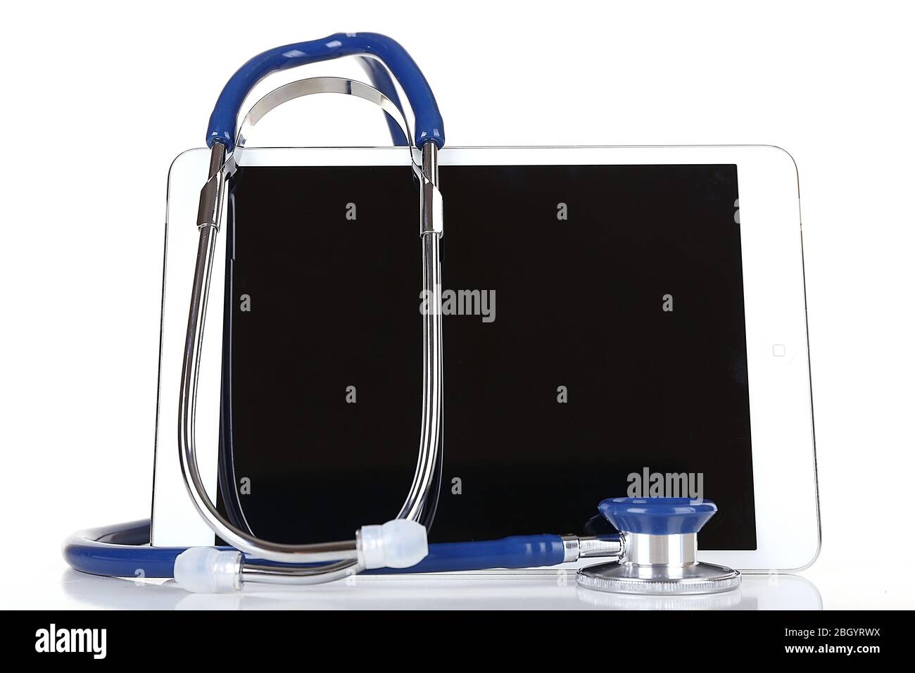 Tablet and blue stethoscope isolated on white Stock Photo - Alamy