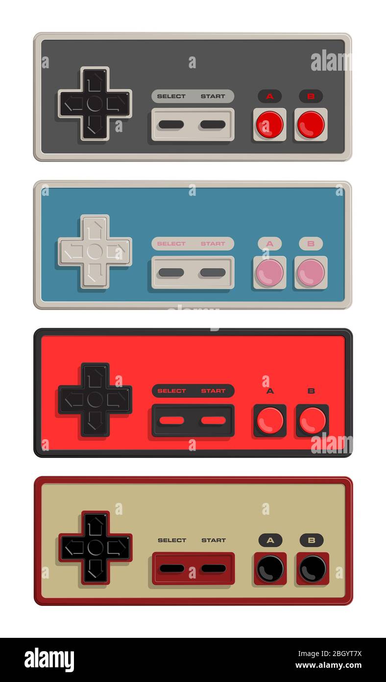 A vector illustration of a collection of regular vintage rectangular gaming controllers Stock Photo