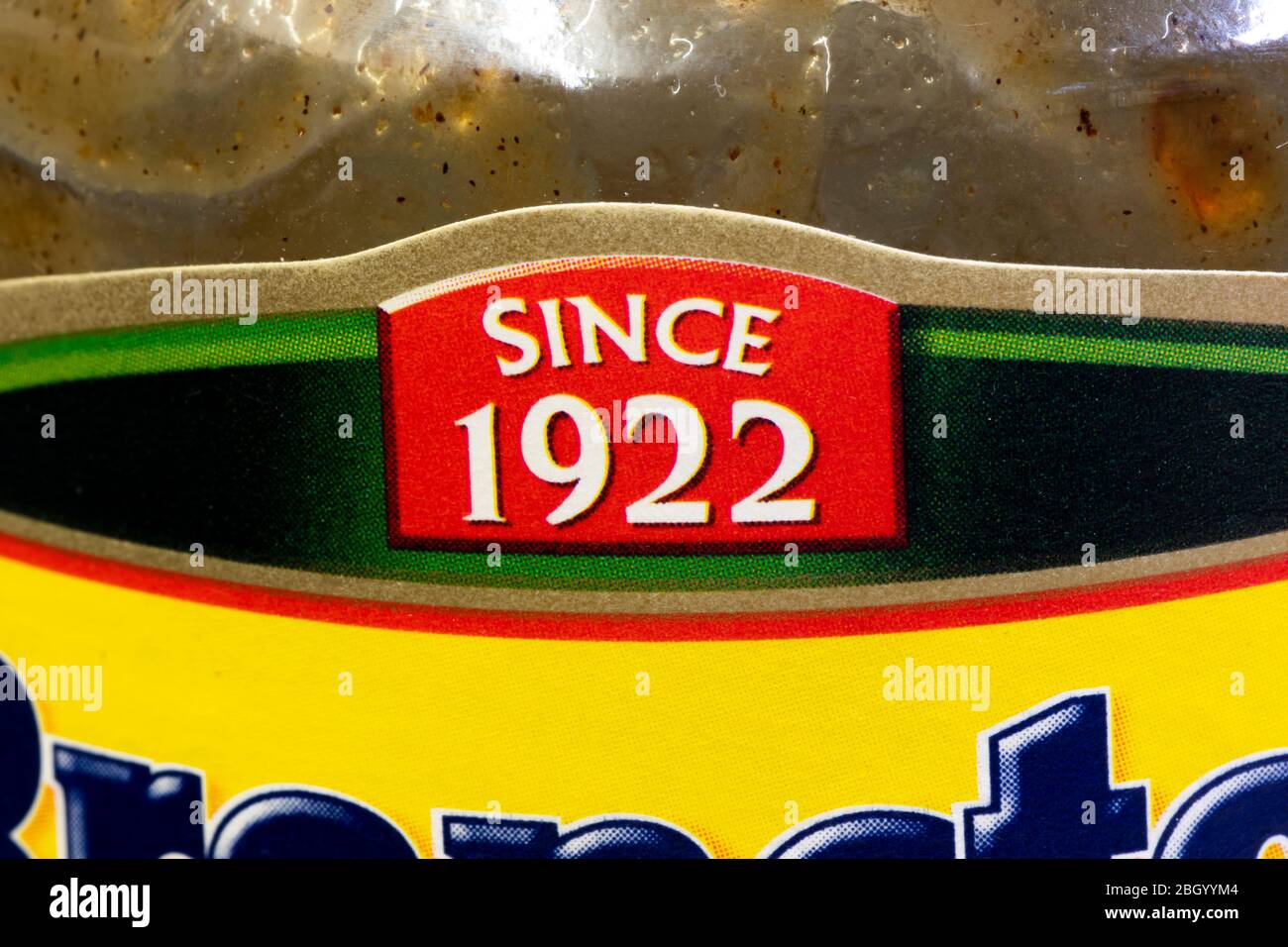Branston sweet pickle labelling on jar, product produced since 1922
