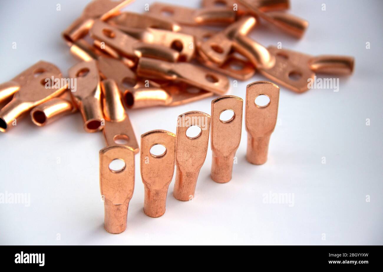 Copper electric terminals. connection tips for cables and wires. electrician accessories and