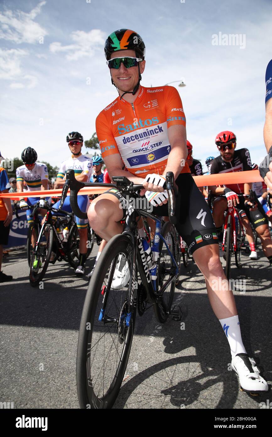 ADELAIDE, SOUTH AUSTRALIA - JANUARY 22, 2020: Santos Ochre Leader's Jersey holder Sam Bennett of Ireland and Deceuninck - Quickstep at Stage 2 from Wo Stock Photo