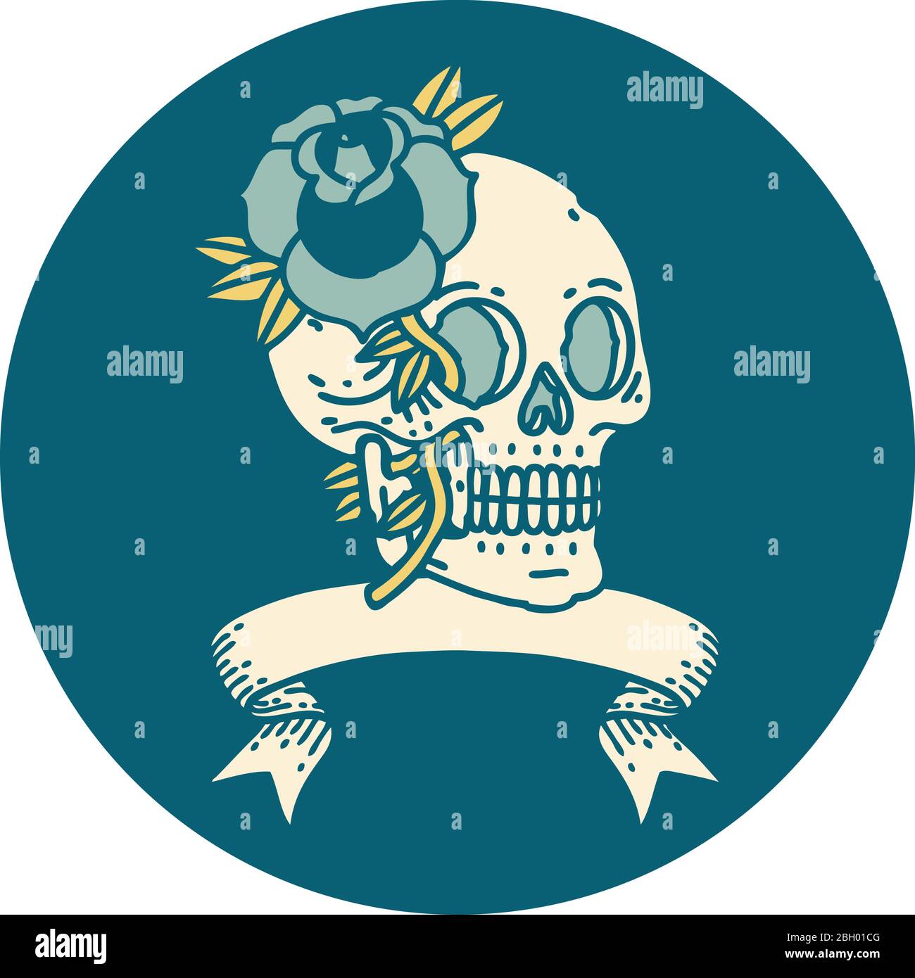 tattoo style icon with banner of a skull and rose Stock Vector Image ...