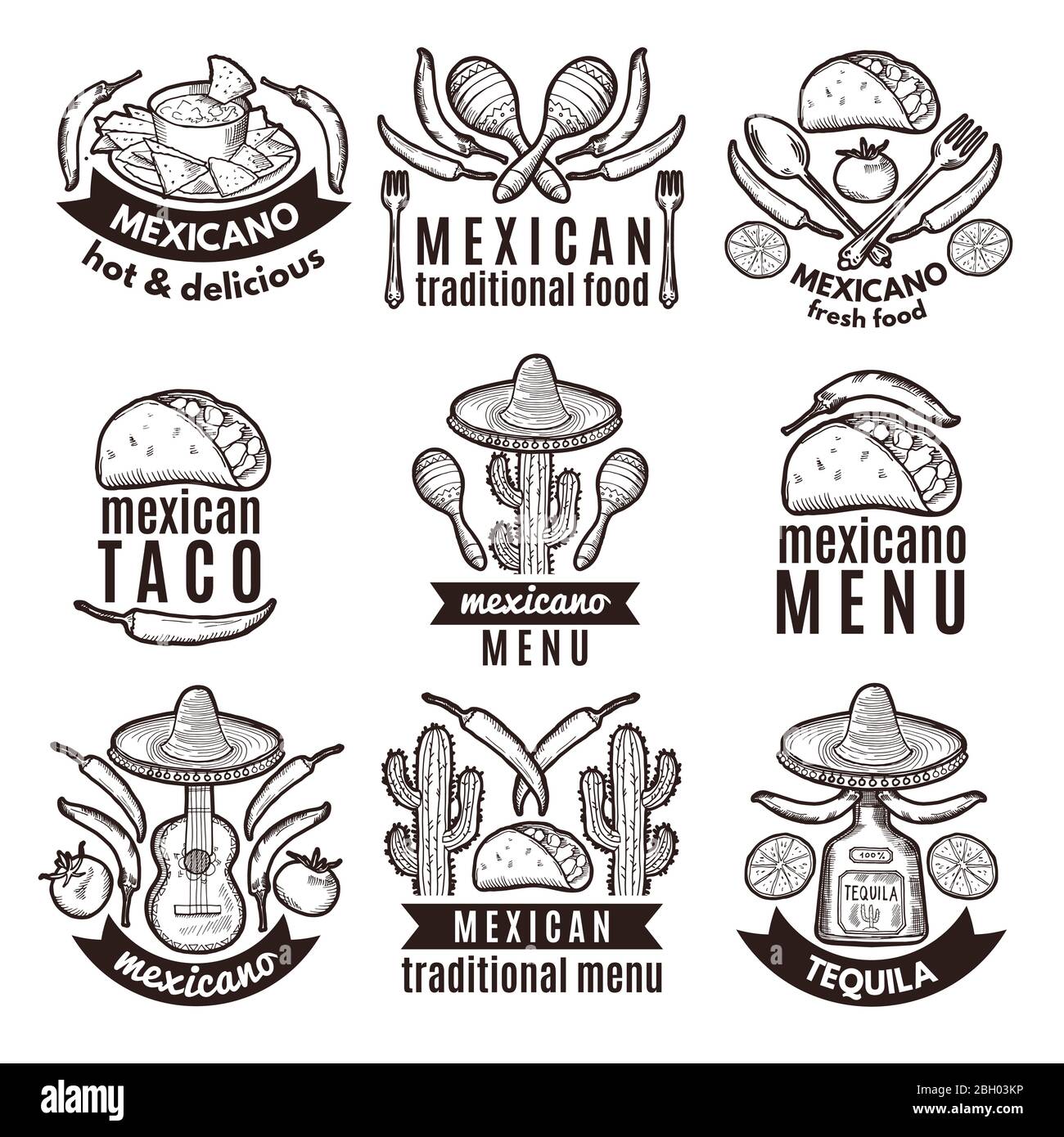 Label set with traditional mexican symbols. Food emblems for restaurant menu mexican food, traditional logo sombrero and cactus. Vector illustration Stock Vector