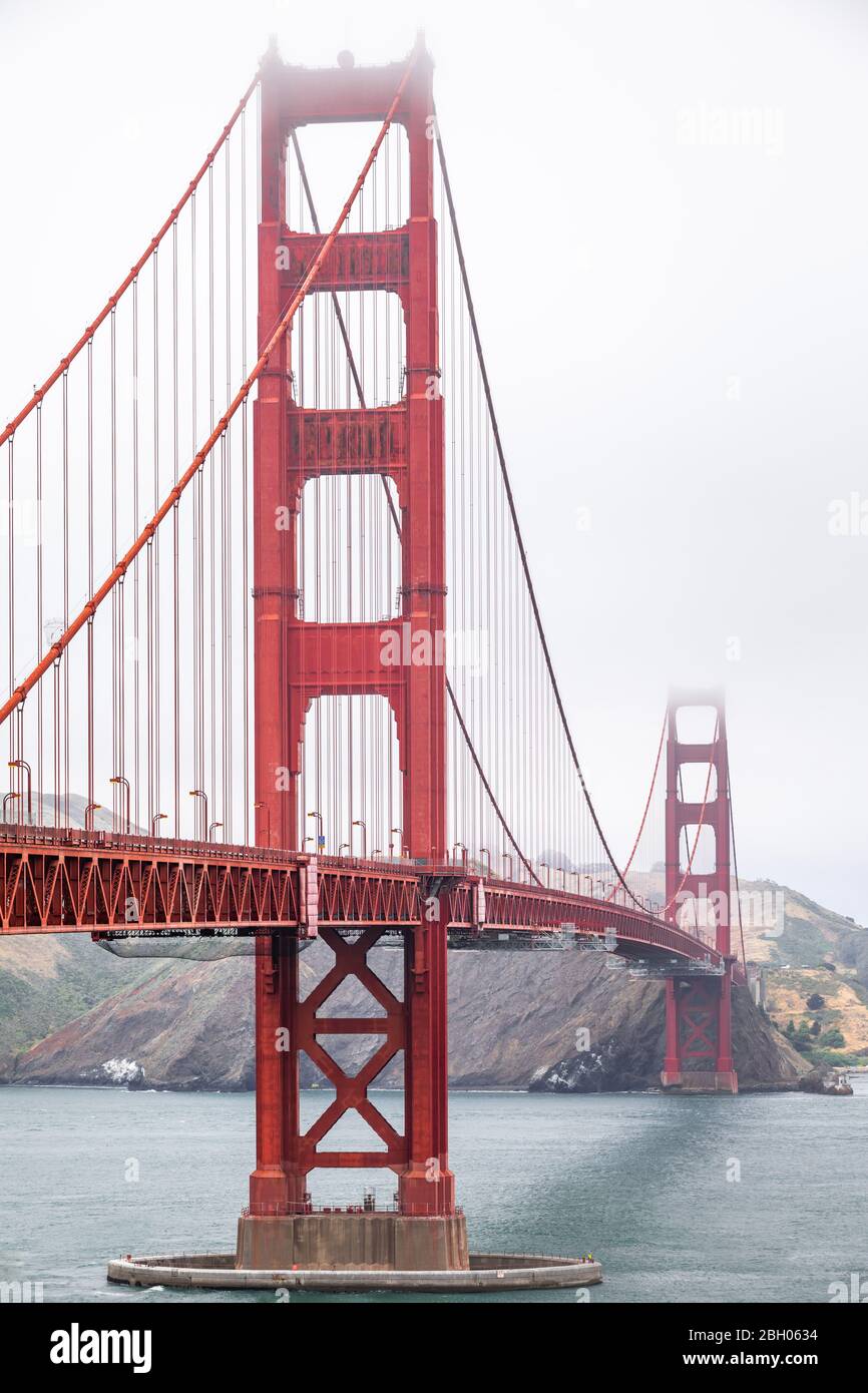Close up of the Golden Gate bridge in a cloudy day as seen from the visitor center's viewpoint Stock Photo