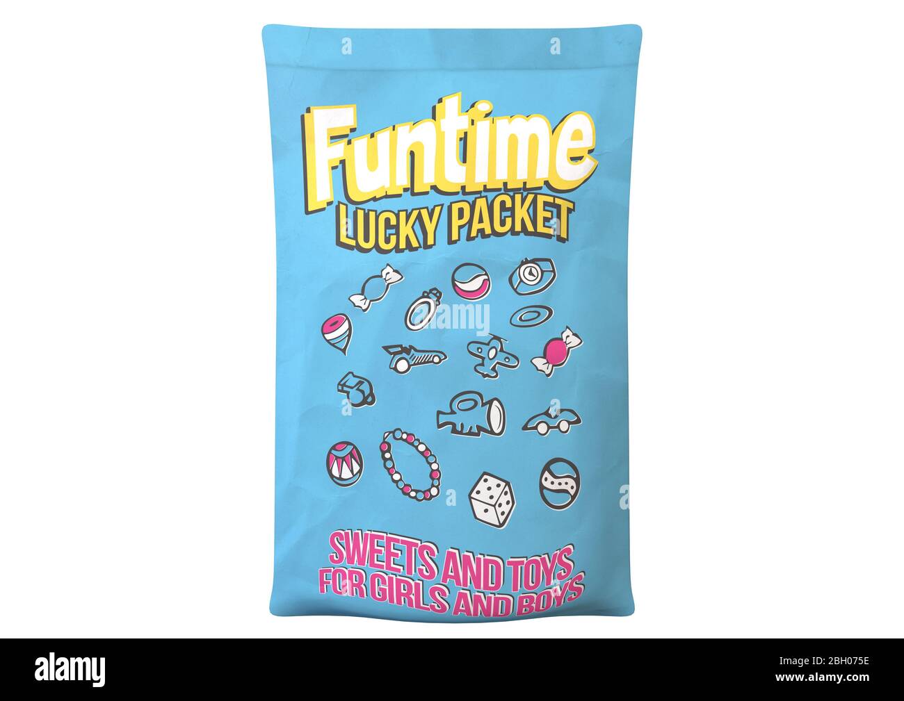 A concept design resembling a classic vintage childrens lucky packet displaying illustrations of possible toys inside on an isolated white background Stock Photo