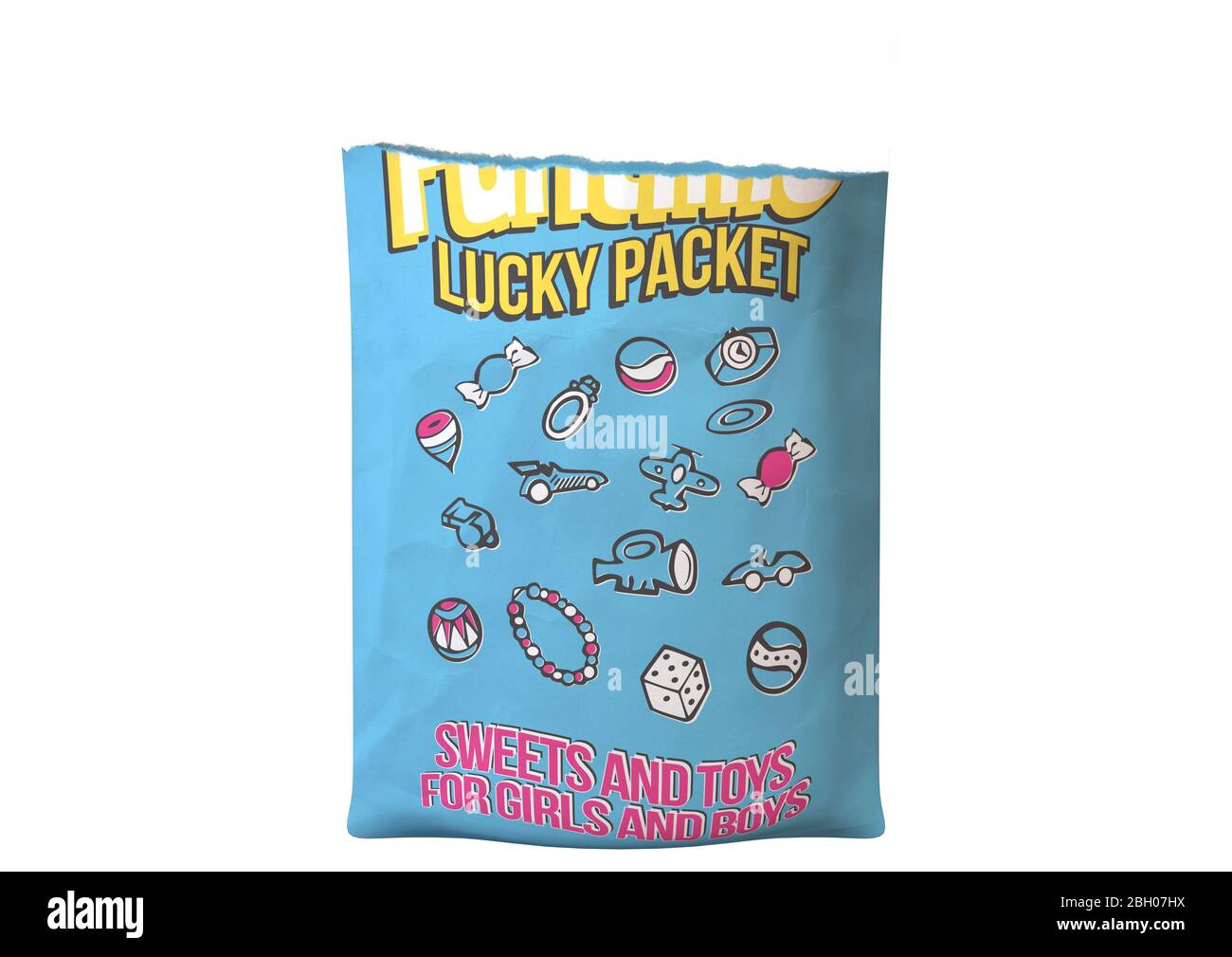 A concept design resembling a torn and opened classic childrens lucky packet displaying illustrations of toys inside on an isolated white background - Stock Photo