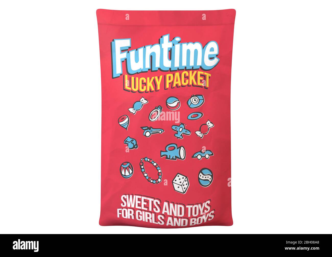 A concept design resembling a classic vintage childrens lucky packet displaying illustrations of possible toys inside on an isolated white background Stock Photo